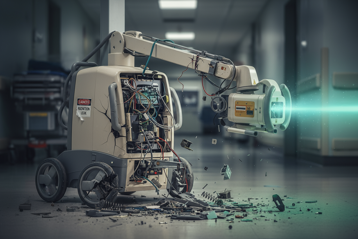 Portable Broken Xray Machine with parts falling off the wheel and arm while emitting xray beam 